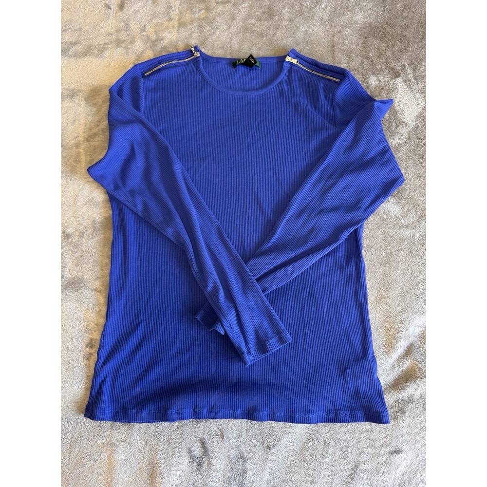 Lauren Ralph Lauren Solid Blue Long Sleeve Top Zippers Womens XL